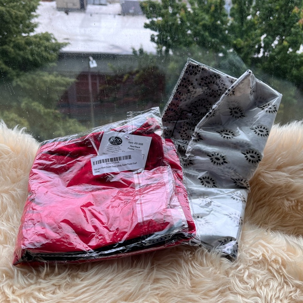 NWIB 2 Scarves - Red/Black Reversible Infinity and White/Tan/Black Gauze